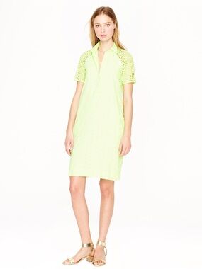 J.Crew Eyelet Shirtdress Neon Kiwi Lime Green Guipure Cutwork Sleeve Shift A3930